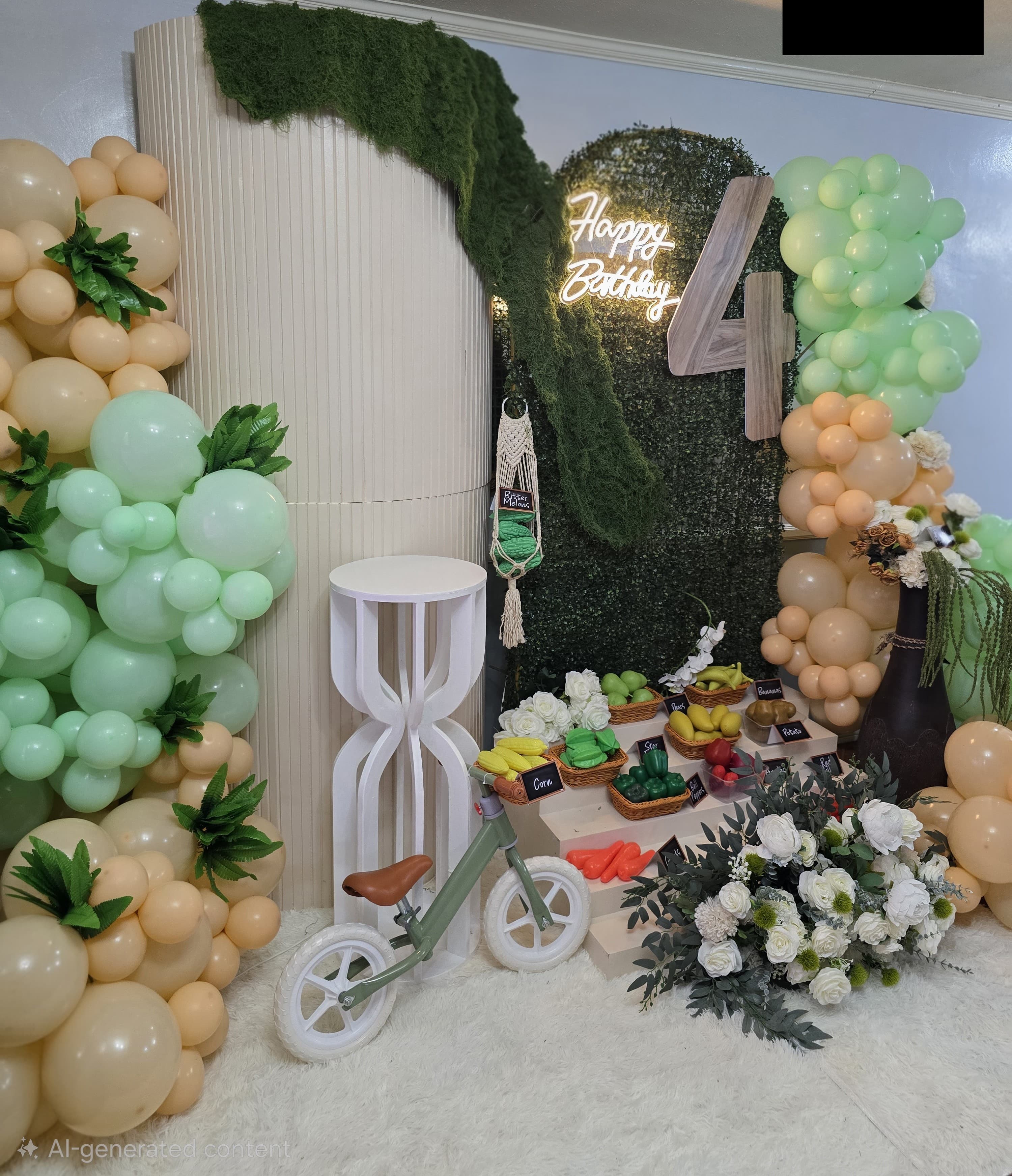 Liam Kylo's Farmers Market 4th birthday with green balloon arch and fresh produce display