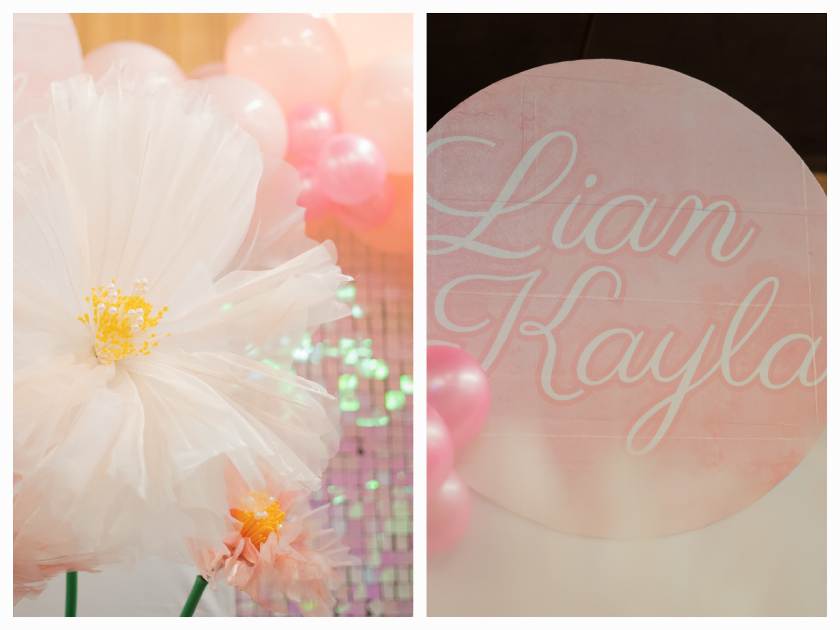 Giant paper flower and Lian Kayla name sign balloon arch detail