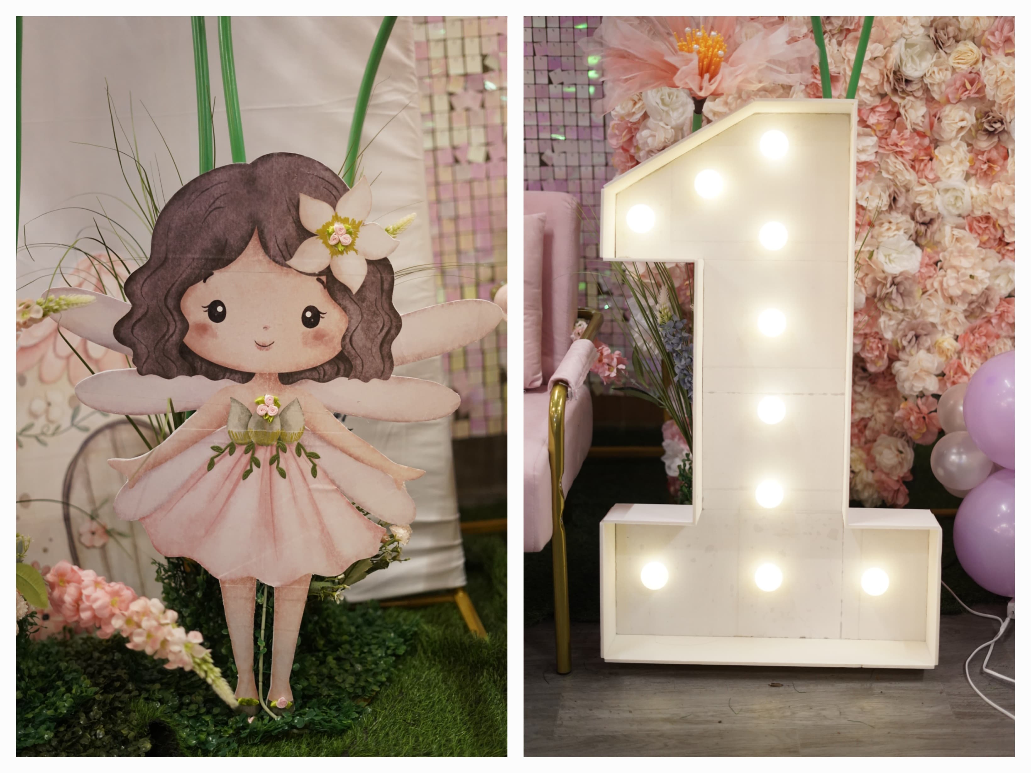 Fairy character cutout and illuminated number 1 marquee at birthday celebration