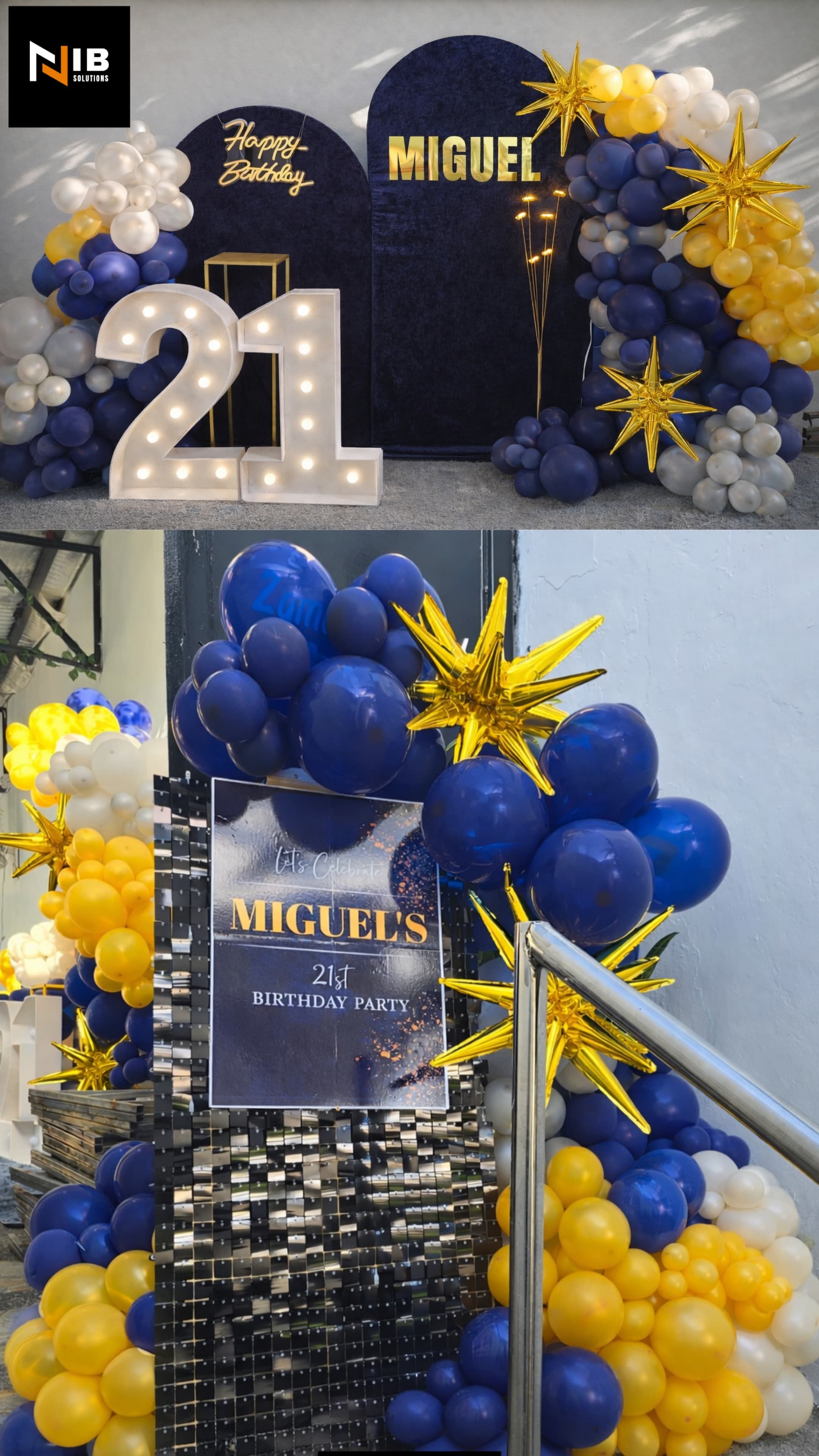 Miguel's 21st birthday navy and gold star balloon setup with number marquee