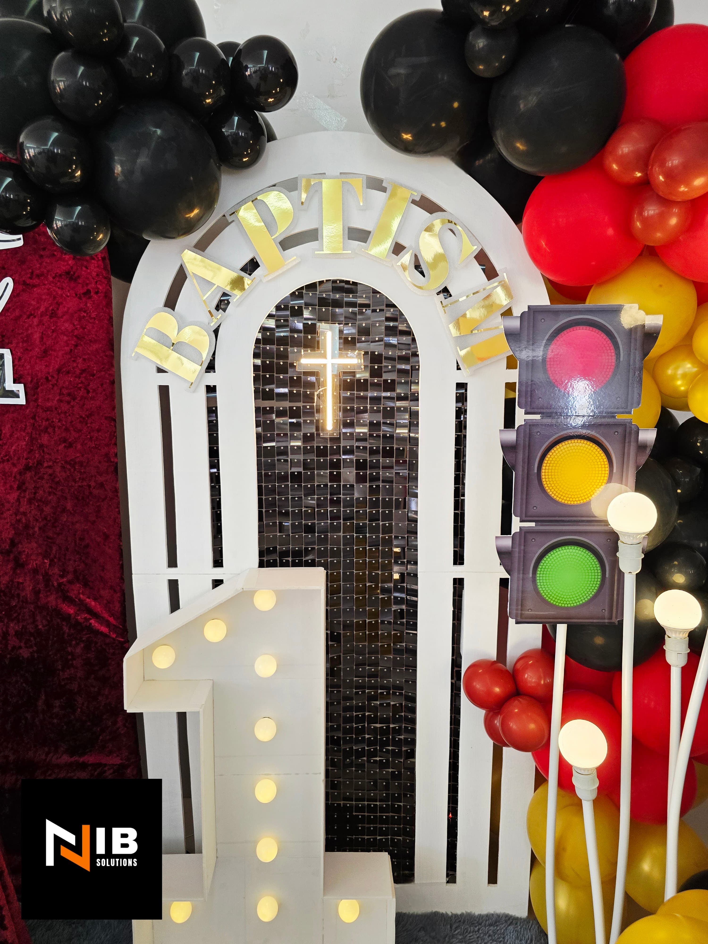 BAPTISM arch with cross and number 1 marquee light for Brent Zadkiel's christening