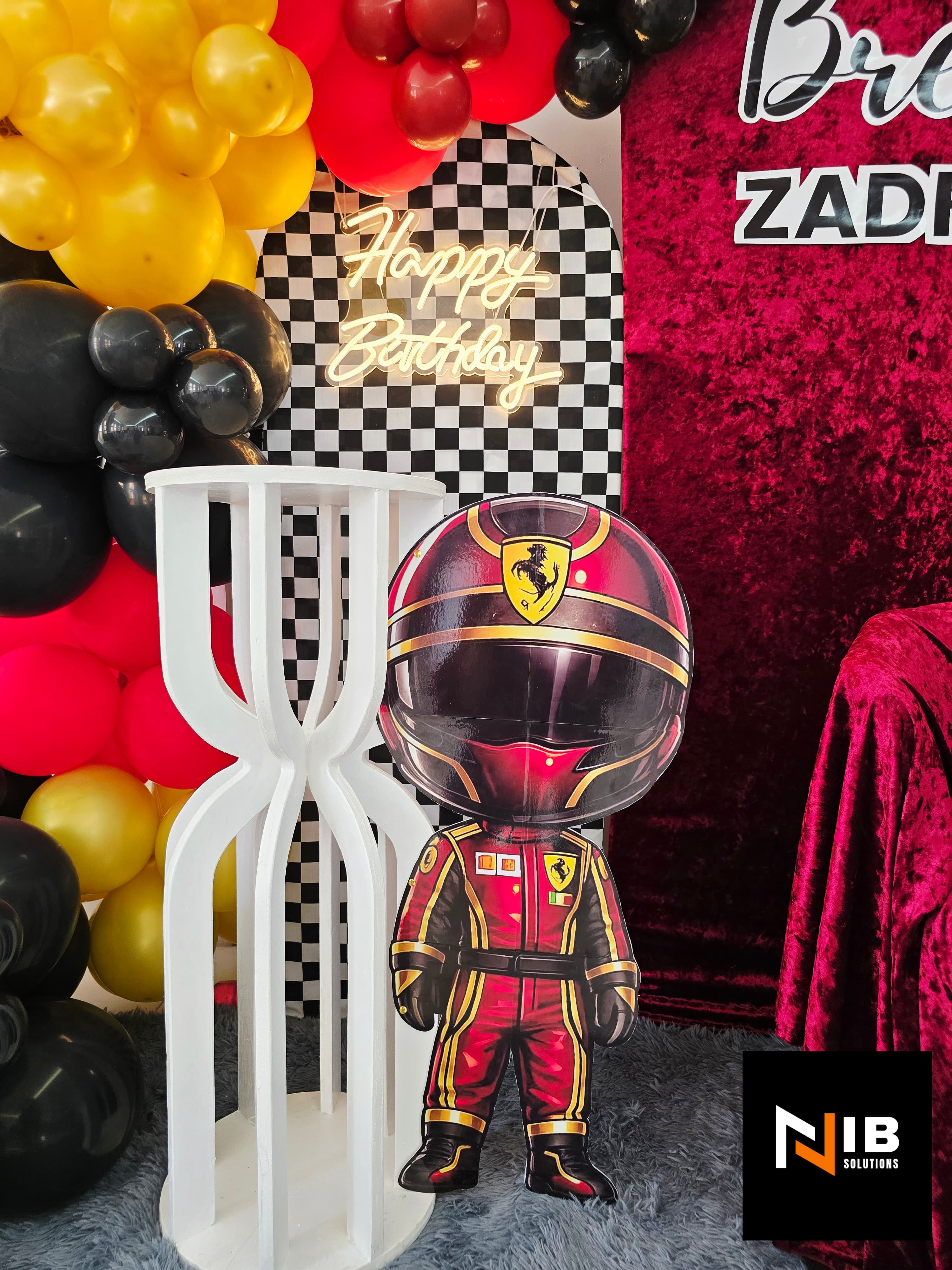 Ferrari racing theme birthday elements with Happy Birthday neon sign