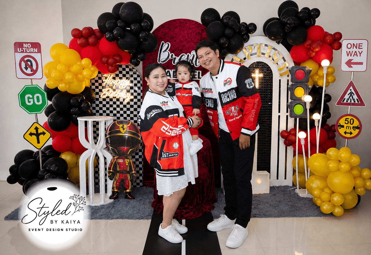 Brent Zadkiel's family at the racing and baptism combo celebration setup