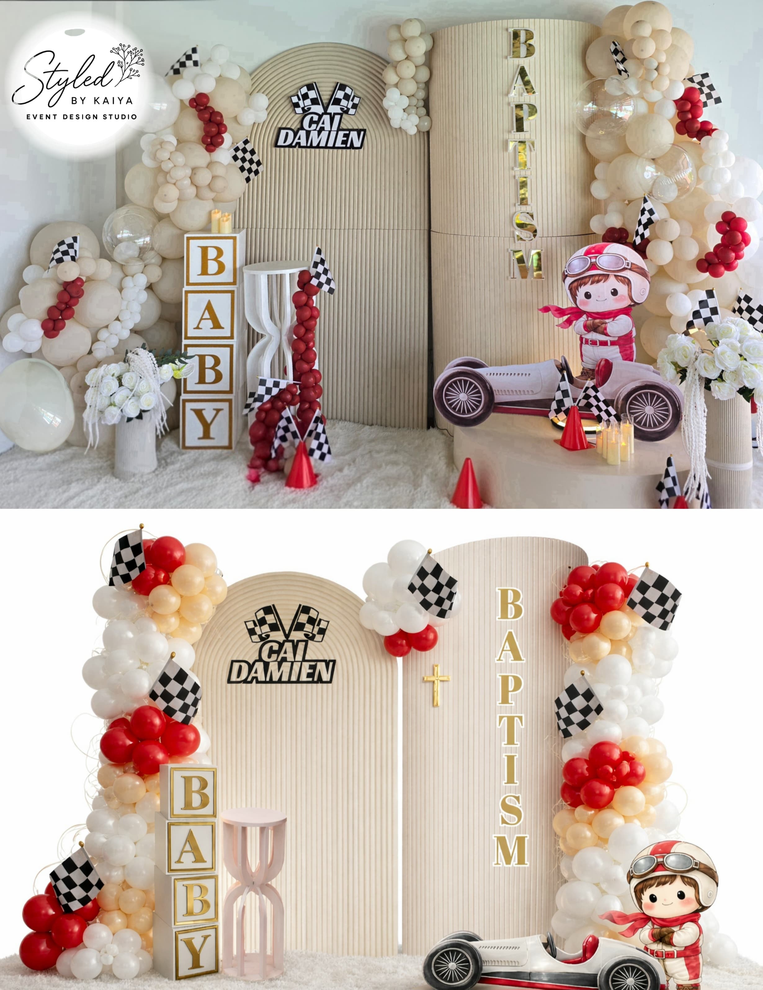Cai Damien's racing-themed christening with BAPTISM tower and vintage race car props